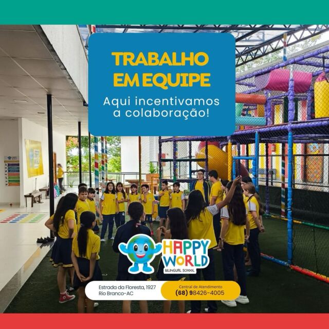 Trabalhar em equipe é uma das lições mais valiosas que
podemos ensinar para garantir um bom futuro aos nossos alunos. 

Aqui na Happy World, incentivamos essa habilidade desde
cedo, ajudando os alunos a aprenderem a compartilhar,
respeitar e colaborar com os colegas.

Quando crianças e adolescentes aprendem a cooperar, eles crescem mais seguros, felizes e preparados para o mundo!

Quer ver seu filho crescendo em um ambiente que promove o desenvolvimento pessoal e social? 

Venha conhecer mais sobre nosso método e a nossa organização curricular! 

#HappyWorld
#EducaçãoBilingue
#EducaçãoComPropósito
#TrabalhoEmEquipe
#aprendendoacrescer 
#amigosparacrescer